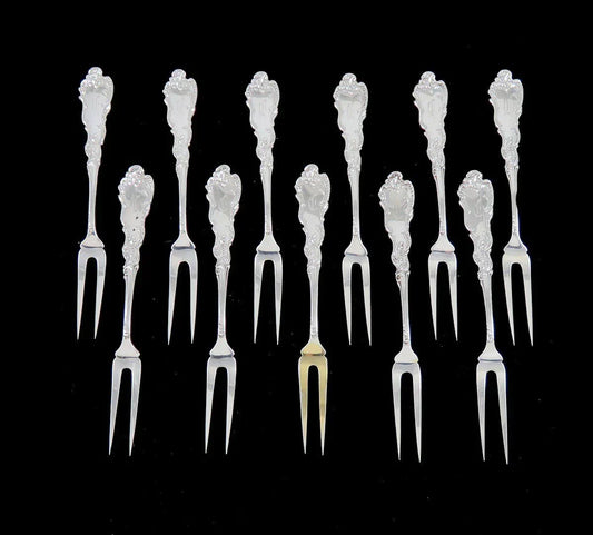 11 Rare Antique c1890 Frank Smith Baronial Sterling Silver Berry Cocktail Forks