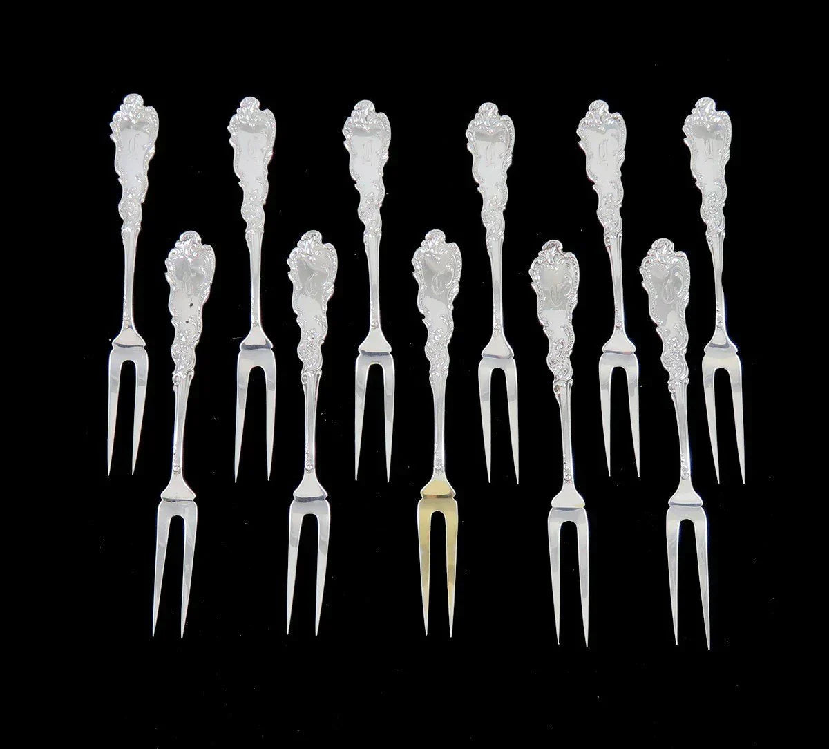 11 Rare Antique c1890 Frank Smith Baronial Sterling Silver Berry Cocktail Forks
