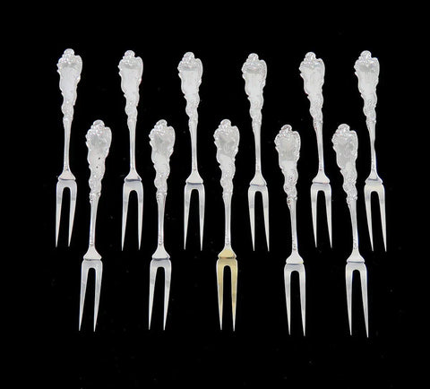 11 Rare Antique c1890 Frank Smith Baronial Sterling Silver Berry Cocktail Forks