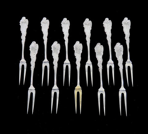 11 rare antique sterling silver berry forks in the Baronial pattern by Frank Smith c1890.