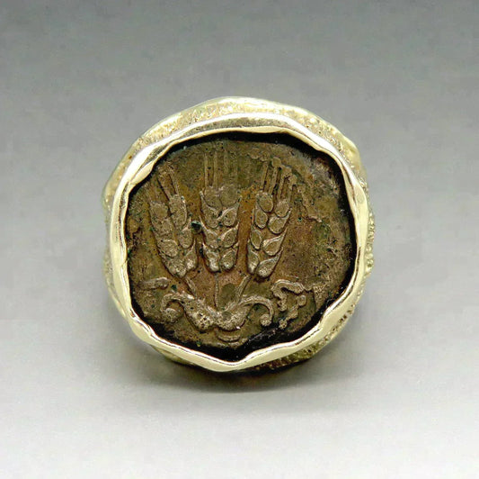14K Yellow Gold Ring Ancient Bronze Coin 40 CE Bronze Jewish Pruta Agrippa I