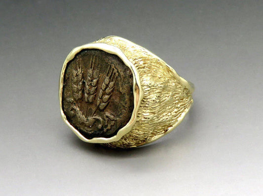 14K Yellow Gold Ring Ancient Bronze Coin 40 CE Bronze Jewish Pruta Agrippa I