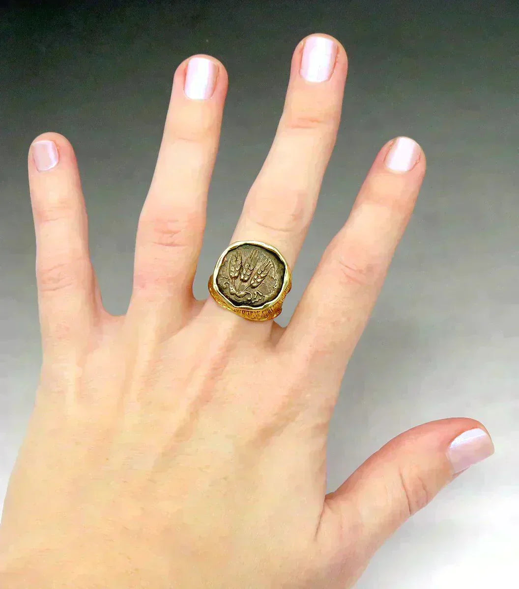 14K Yellow Gold Ring Ancient Bronze Coin 40 CE Bronze Jewish Pruta Agrippa I