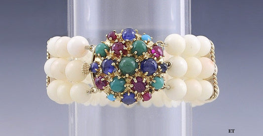 Elegant Triple Strand Coral Bead Bracelet W/Gem Set 14k Gold Clasp