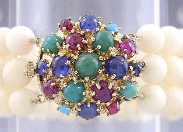 Elegant Triple Strand Coral Bead Bracelet W/Gem Set 14k Gold Clasp
