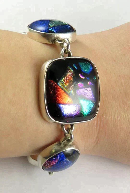 Artisan Iridescent Vivid Colors Sterling Silver Dichroic Glass Bracelet 7 inches