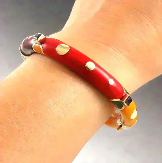 14K Yellow Gold Sterling Silver Amethyst Multi-Colored Enamel Bangle Bracelet
