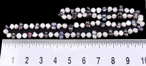 Pretty Long Necklace of Real Baroque White and Dyed Purple-Green Pearls