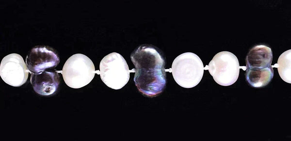 Pretty Long Necklace of Real Baroque White and Dyed Purple-Green Pearls