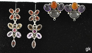 2 Pairs Sterling Silver Earrings Genuine Amethyst Garnet Stones Pierced