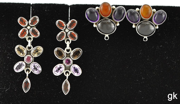2 Pairs Sterling Silver Earrings Genuine Amethyst Garnet Stones Pierced