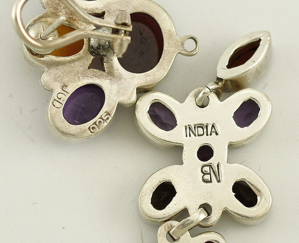 2 Pairs Sterling Silver Earrings Genuine Amethyst Garnet Stones Pierced