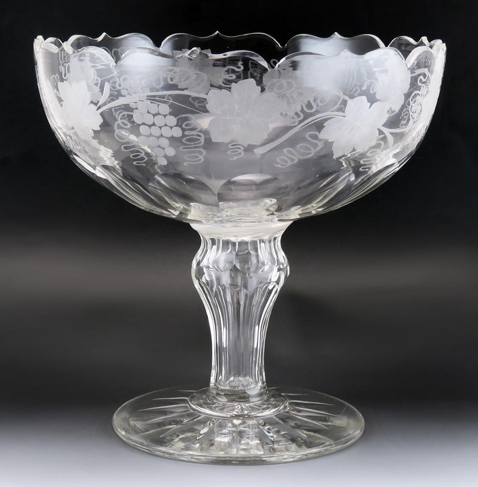Antique c1850 Engraved Crystal Glass Centerpiece Pedestal Compote Bowl Grapes