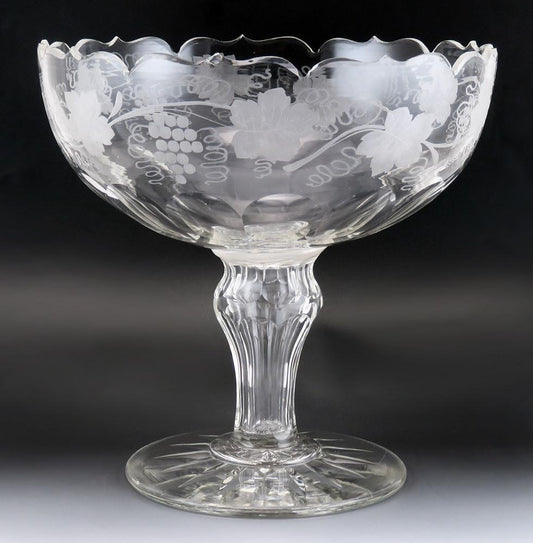 Antique c1850 Engraved Crystal Glass Centerpiece Pedestal Compote Bowl Grapes