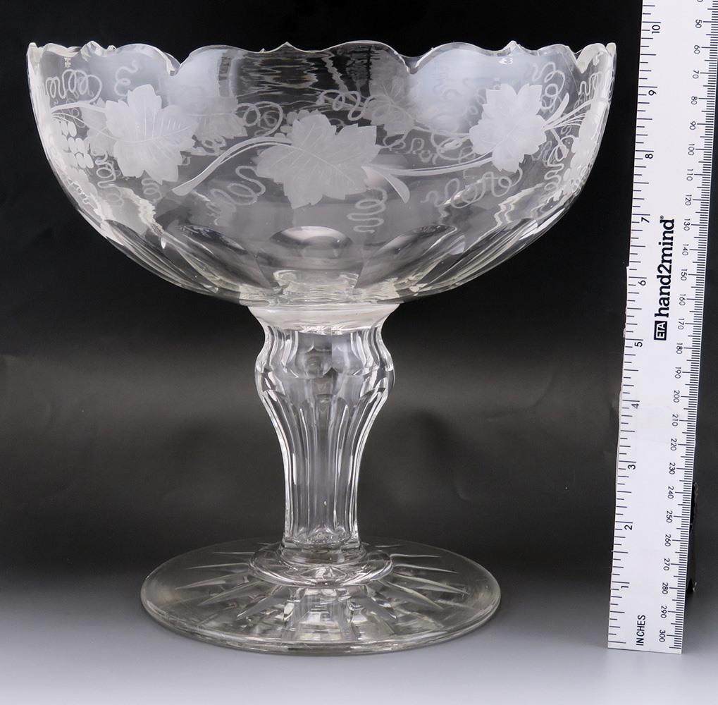 Antique c1850 Engraved Crystal Glass Centerpiece Pedestal Compote Bowl Grapes