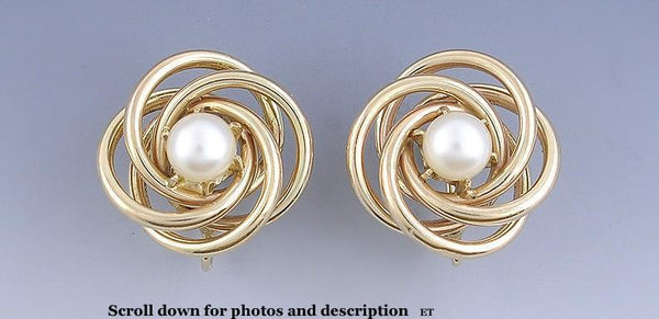 Stylish Retro Pearl & 14K Yellow Gold Spiral Knot Earrings c1950s-60s