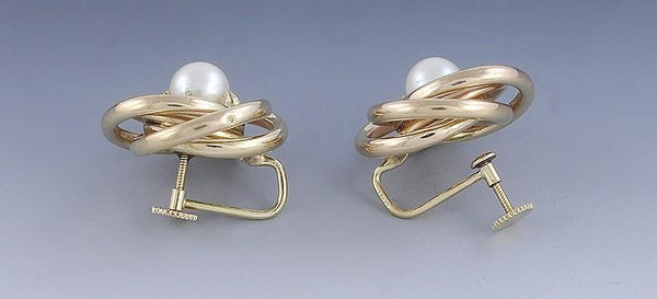 Stylish Retro Pearl & 14K Yellow Gold Spiral Knot Earrings c1950s-60s