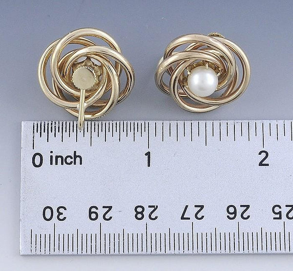 Stylish Retro Pearl & 14K Yellow Gold Spiral Knot Earrings c1950s-60s