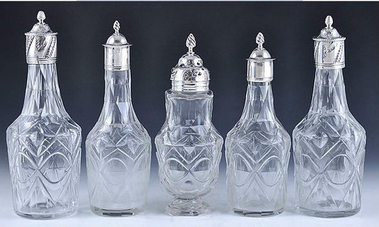 NICE 1768 ENGLISH SILVER & GLASS CONDIMENT SET