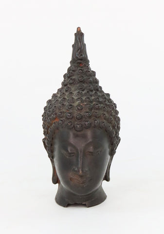 Antique Southeast Asian Bronze Buddha Head Figurine With Flame Ushnisha