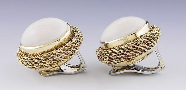 Lovely Pair Italian 18k Gold & Angelskin Coral Cabochon Dome Clipback Earrings