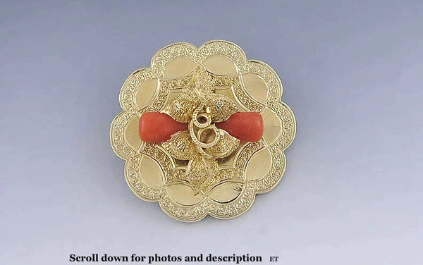 Nice Victorian 14k Gold Orange Coral Pin Brooch Pendant