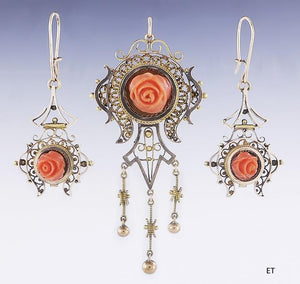 c1860s Victorian 14k Gold Coral Rose Etruscan Revival Earring & Pendant Set