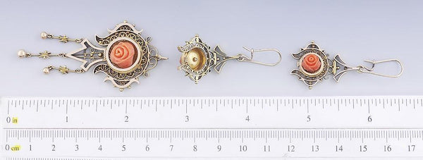 c1860s Victorian 14k Gold Coral Rose Etruscan Revival Earring & Pendant Set