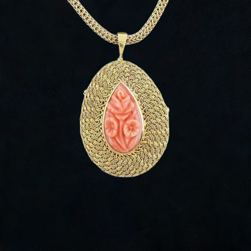 Lovely 18k Gold & Carved Pink Coral Floral Pendant Pin Brooch w/14k Chain