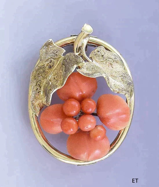 Charming American Victorian 14k Gold & Coral Fruit Pin / Brooch