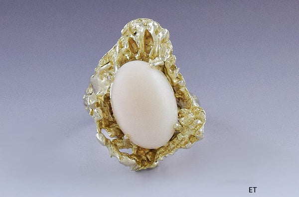 Unique 14k Yellow Gold and Natural Angelskin Coral Cabochon Ring