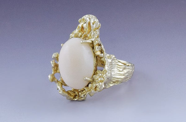 Unique 14k Yellow Gold and Natural Angelskin Coral Cabochon Ring