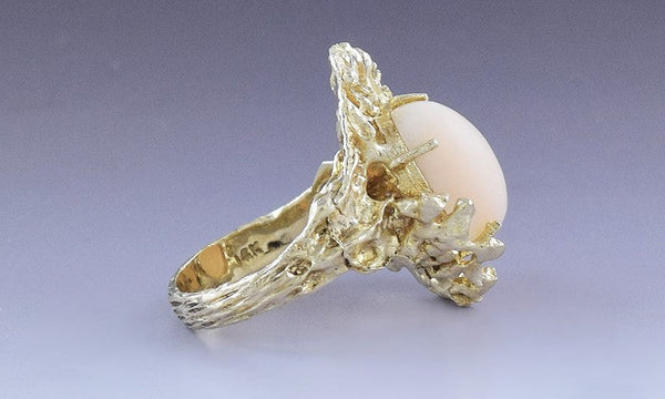 Unique 14k Yellow Gold and Natural Angelskin Coral Cabochon Ring