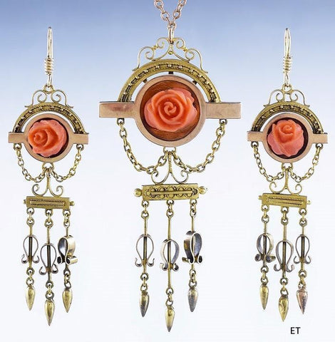 Lovely Victorian 14k Gold Carved Coral Rose Earring & Necklace Set Demi-Parure