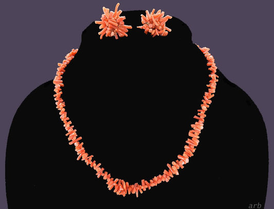 Eye-catching Vintage Set of Red Branch Coral Screw Back Earrings and Necklace