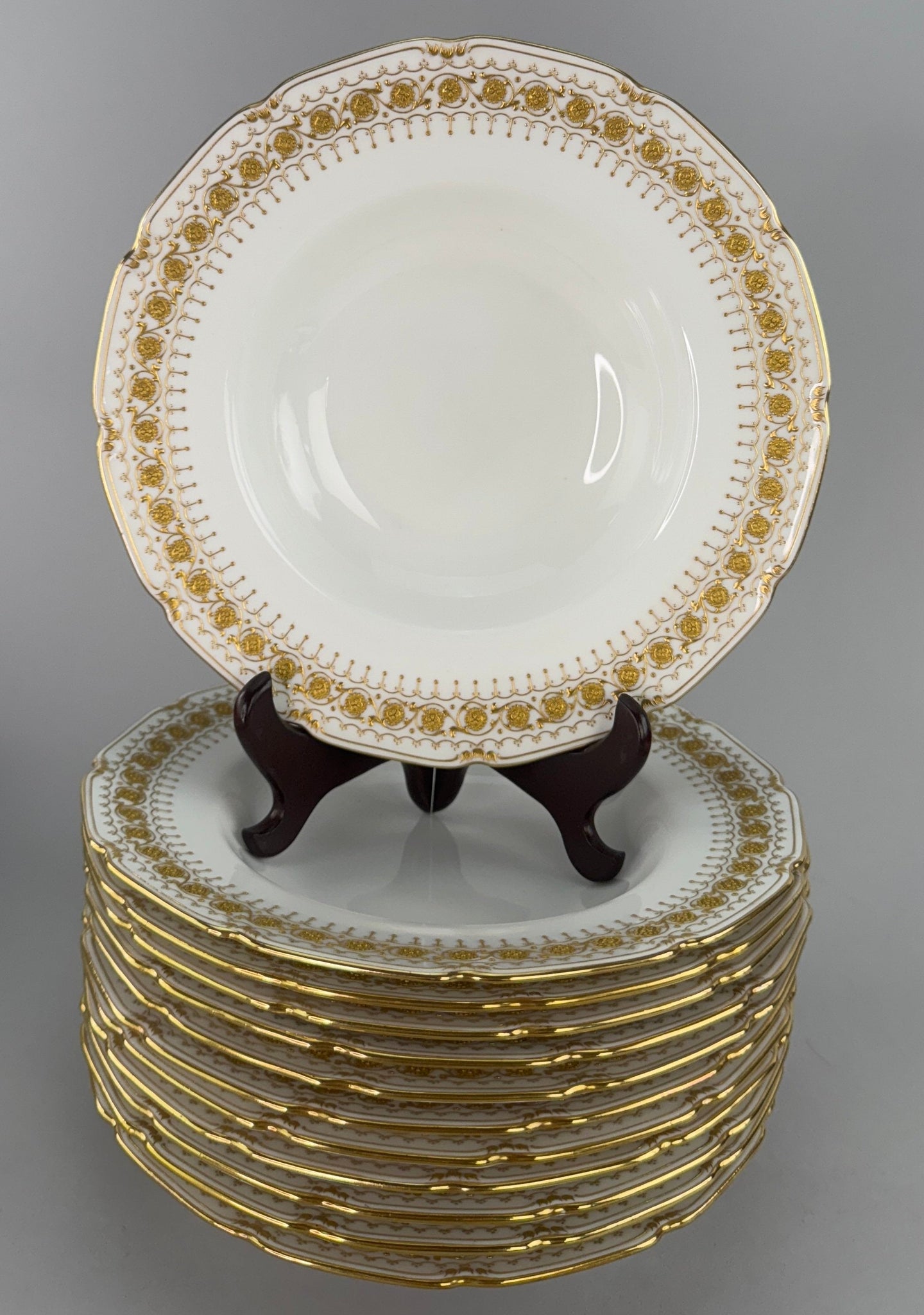 Set 12 c1920s Royal Doulton Noke's Tiffany Co Raised Gilt Rim 9.5" Soup Bowls