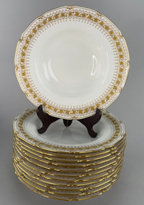 Set 12 c1920s Royal Doulton Noke's Tiffany Co Raised Gilt Rim 9.5" Soup Bowls