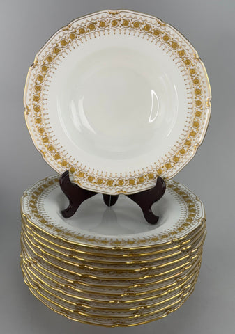 Set 12 c1920s Royal Doulton Noke's Tiffany Co Raised Gilt Rim 9.5" Soup Bowls
