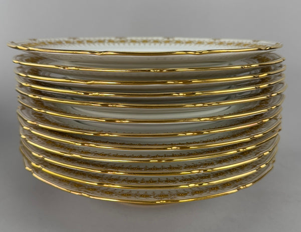 Set 12 c1920s Royal Doulton Noke's Tiffany Co Raised Gilt Rim 9.5" Soup Bowls