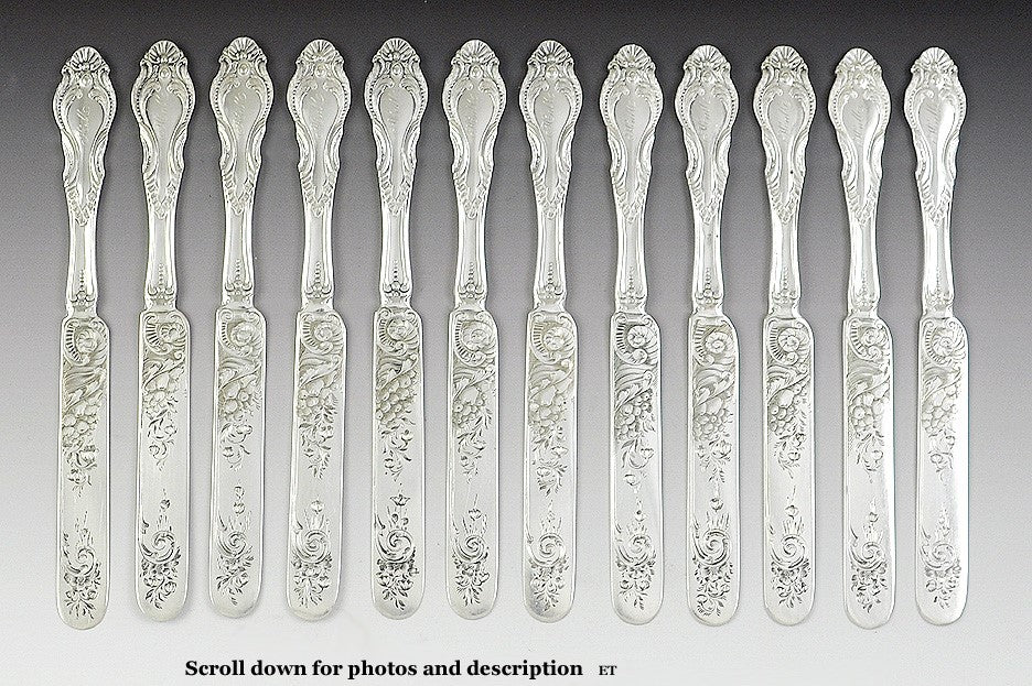 12 Early American c1840 Silver Knives w/ Lovely Engraved Blades