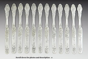 12 Early American c1840 Silver Knives w/ Lovely Engraved Blades