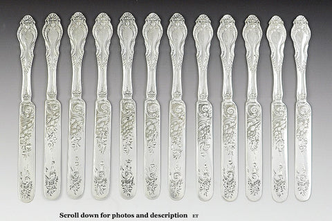 12 Early American c1840 Silver Knives w/ Lovely Engraved Blades
