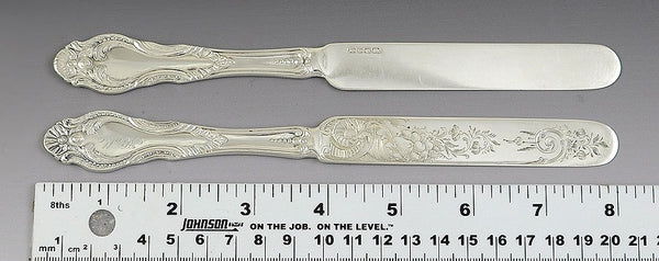 12 Early American c1840 Silver Knives w/ Lovely Engraved Blades