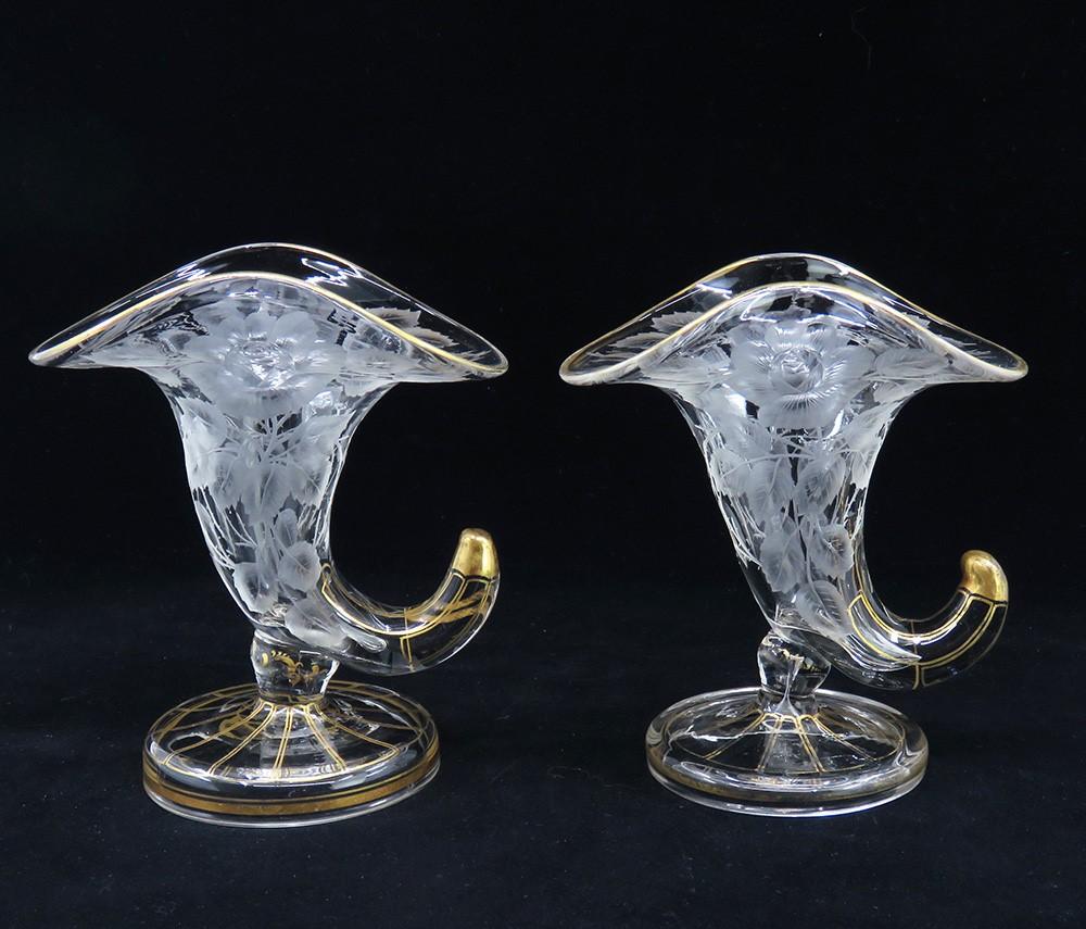 Charming Pair Antique mid/late 1800s Cut Glass Gilt Floral Vases Rose Design