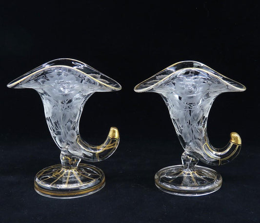 Charming Pair Antique mid/late 1800s Cut Glass Gilt Floral Vases Rose Design