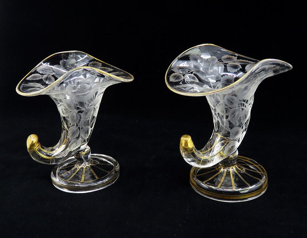 Charming Pair Antique mid/late 1800s Cut Glass Gilt Floral Vases Rose Design