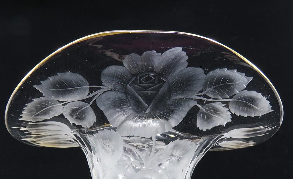 Charming Pair Antique mid/late 1800s Cut Glass Gilt Floral Vases Rose Design