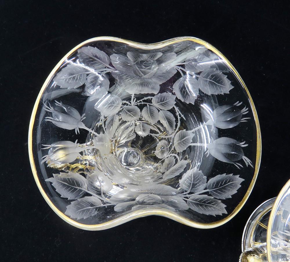 Charming Pair Antique mid/late 1800s Cut Glass Gilt Floral Vases Rose Design