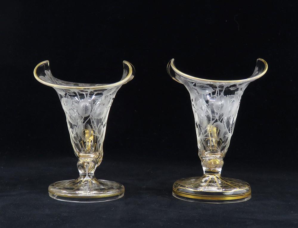Charming Pair Antique mid/late 1800s Cut Glass Gilt Floral Vases Rose Design