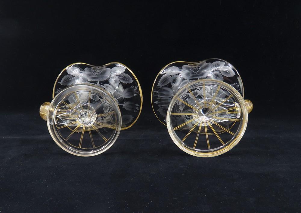 Charming Pair Antique mid/late 1800s Cut Glass Gilt Floral Vases Rose Design